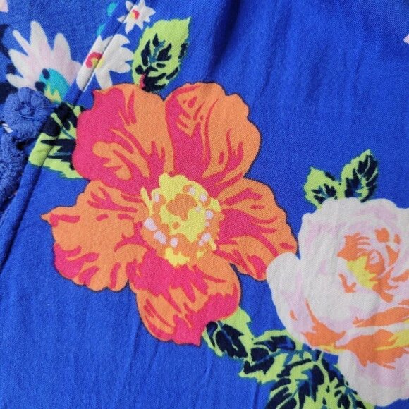 Matilda Jane Romper Size M Blue Floral Crochet Accent Drawstring Waist Pockets - Picture 7 of 10